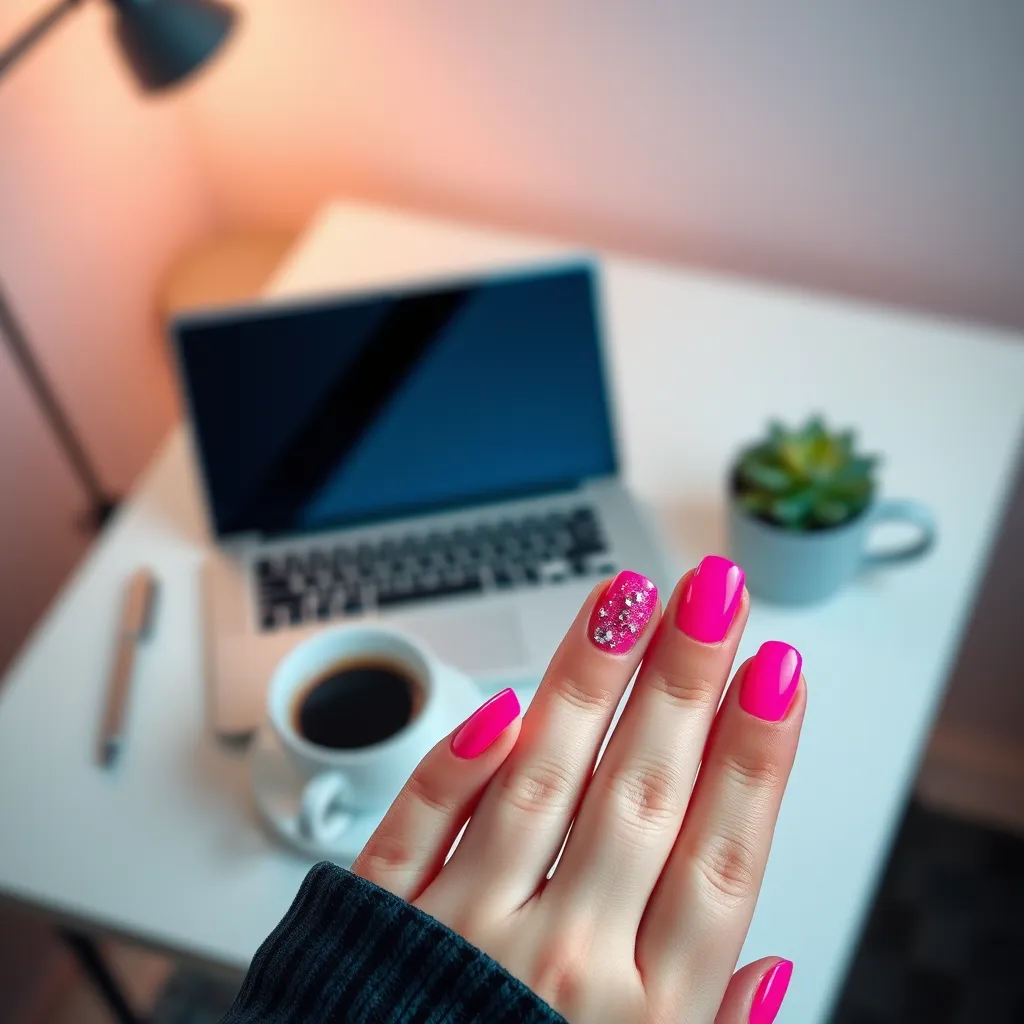 Czy paznokcie neonowy róż z brokatem są odpowiednie na co dzień?