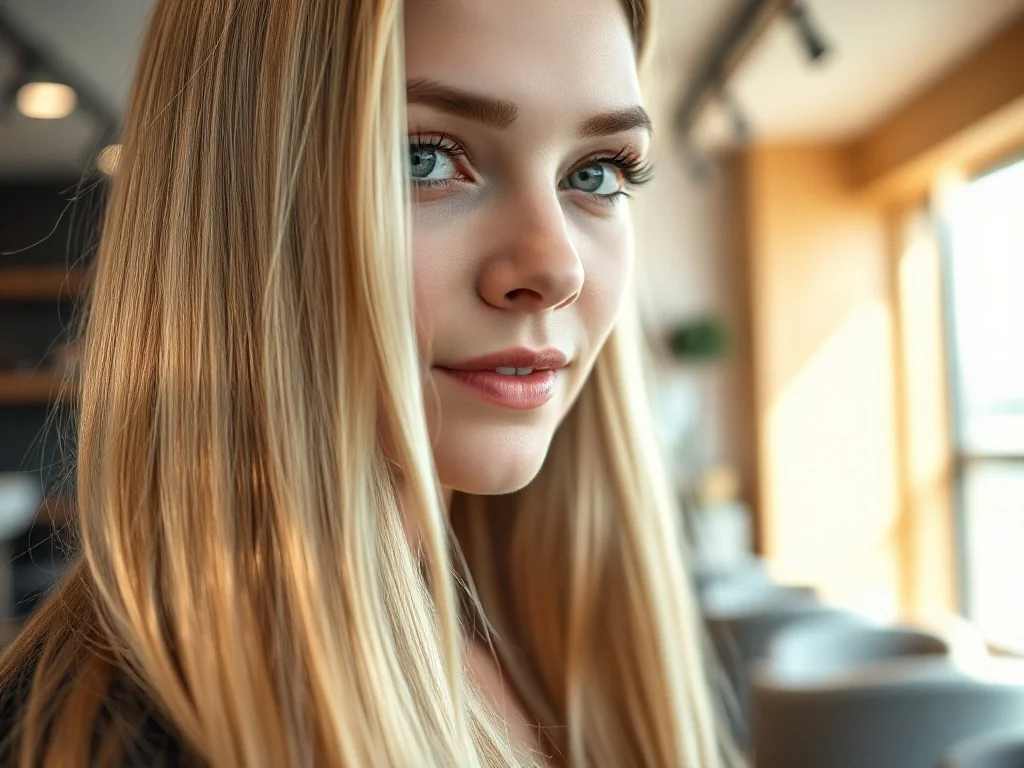 Kobieta z wielowymiarowymi blond włosami w profesjonalnym salonie fryzjerskim, prezentująca zdrowy i lśniący odcień pasm.