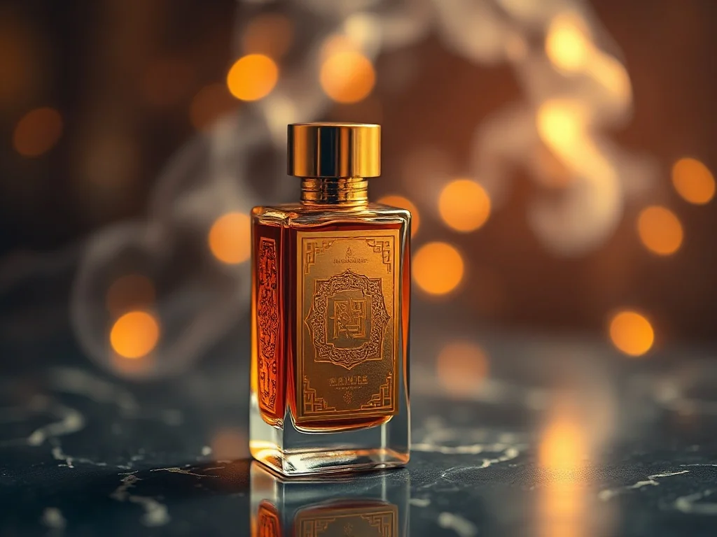 Elegancki flakon arabskich perfum ze złotymi zdobieniami na marmurowym blacie w otoczeniu nastrojowego światła.