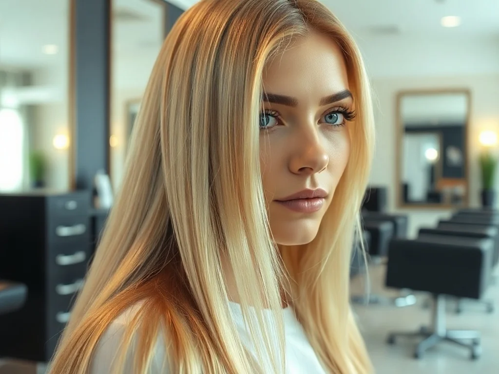 Zadbane i lśniące blond włosy w profesjonalnym salonie fryzjerskim, prezentujące efekt zdrowej koloryzacji.
