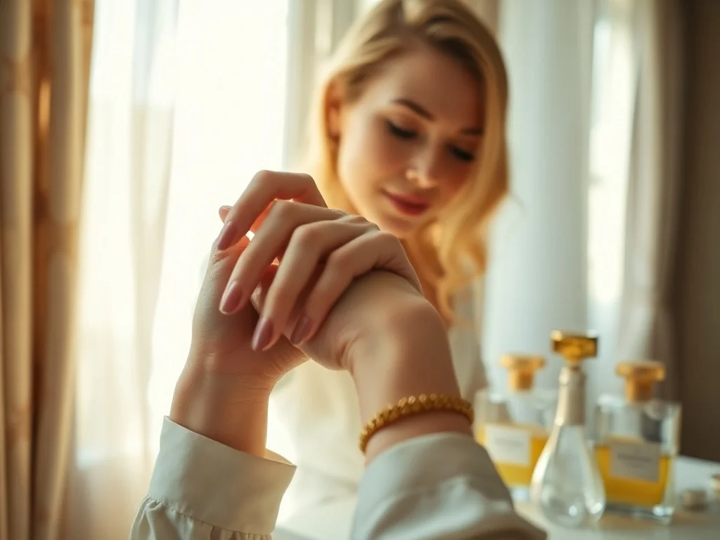 Kobieta aplikująca perfumy na nadgarstek w jasnym, eleganckim wnętrzu, co ilustruje sposób na trwalszy zapach.