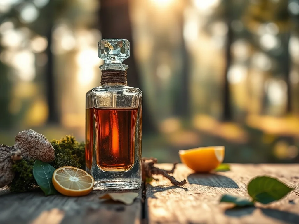 Elegancki flakon perfum na drewnianym stole w otoczeniu mchu dębowego, bergamotki i paczuli, nawiązujący do nut szyprowych.