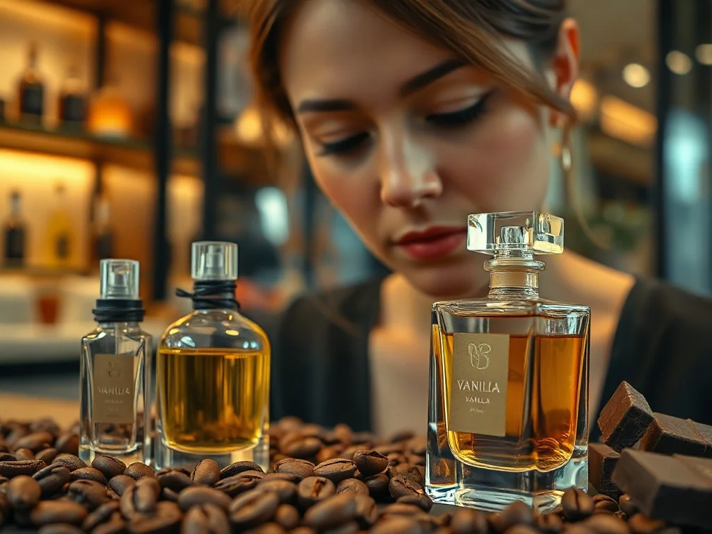 Kobieta wąchająca perfumy w otoczeniu ziaren kawy, wanilii i czekolady, podkreślające słodki charakter zapachów gourmand.